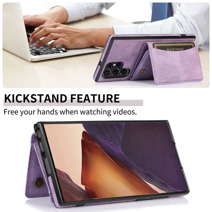 For Samsung Galaxy S22 Ultra 5G Foldable Wallet Design Leather Coated TPU Phone Case Shockproof Mobile Phone Shell - Purple - 6