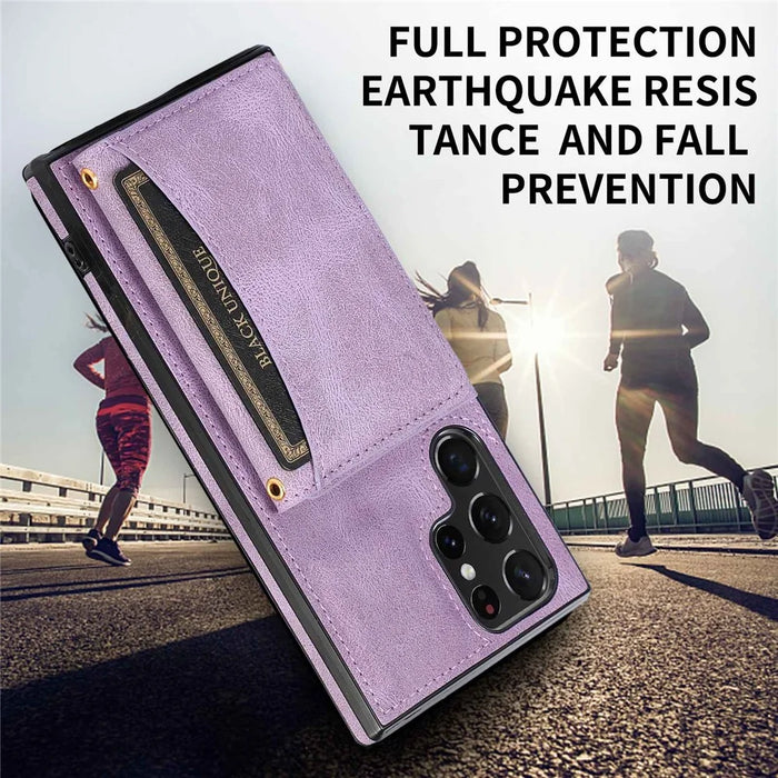 For Samsung Galaxy S22 Ultra 5G Foldable Wallet Design Leather Coated TPU Phone Case Shockproof Mobile Phone Shell - Purple - 7