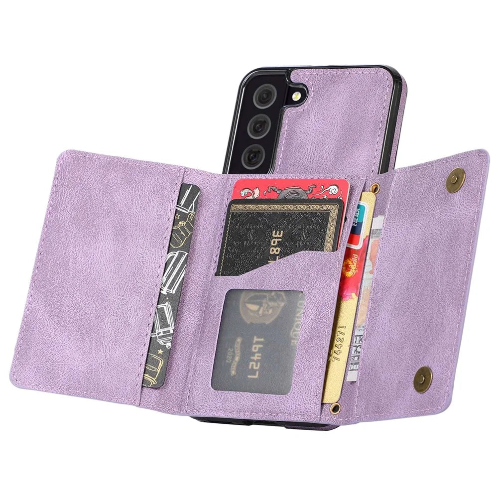 For Samsung Galaxy S22 5G Multiple Card Slots Wallet Design Leather Coated TPU Phone Case Anti-scratch Anti-fall Phone Cover - Purple - 5