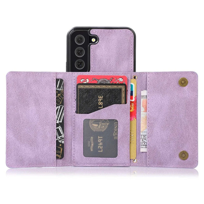 For Samsung Galaxy S21 4G / 5G Wallet Design Leather Coated TPU Phone Case Drop-proof Multiple Card Slots Feature Cover - Purple - 4