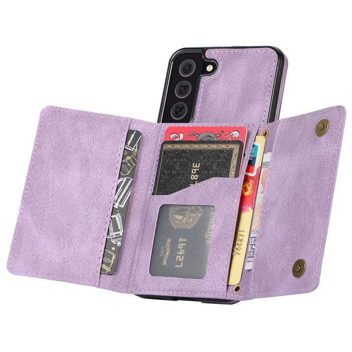 For Samsung Galaxy S21 4G / 5G Wallet Design Leather Coated TPU Phone Case Drop-proof Multiple Card Slots Feature Cover - Purple - 5