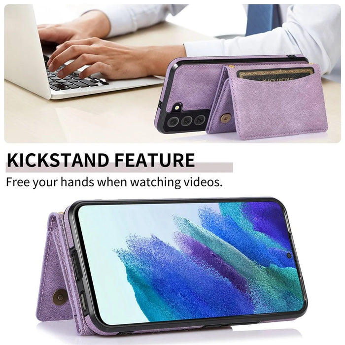 For Samsung Galaxy S21 4G / 5G Wallet Design Leather Coated TPU Phone Case Drop-proof Multiple Card Slots Feature Cover - Purple - 6