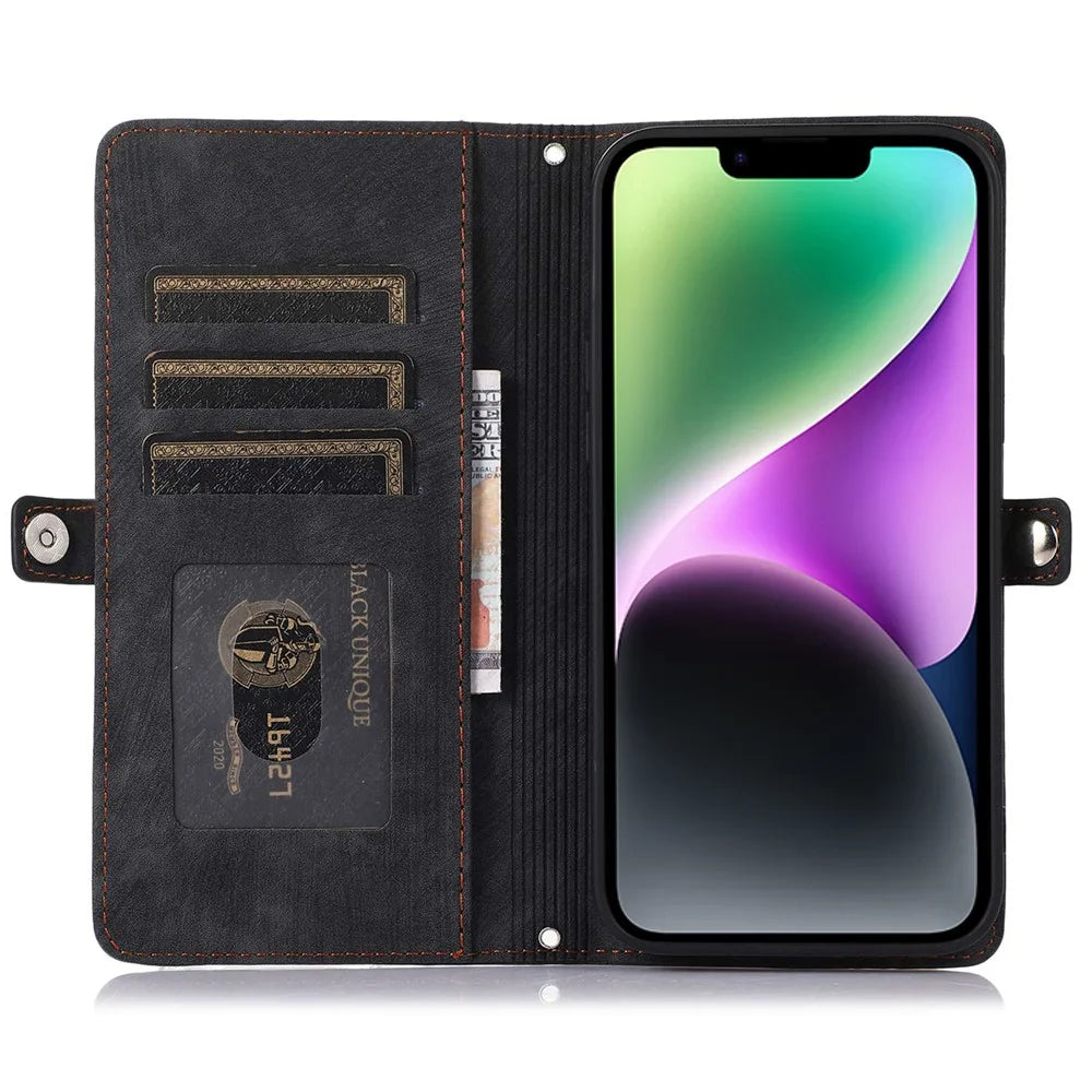 For iPhone 14 Plus Zipper Pocket Design Cellphone Wallet Case 9 Card Slots PU Leather Stand Cover with Wrist Strap - Black - 3
