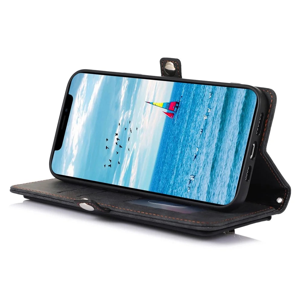For iPhone 13 6.1 inch Zipper Pocket Design 9 Card Slots Protective Cover PU Leather Wallet Stand Case with Wrist Strap - Black - 2