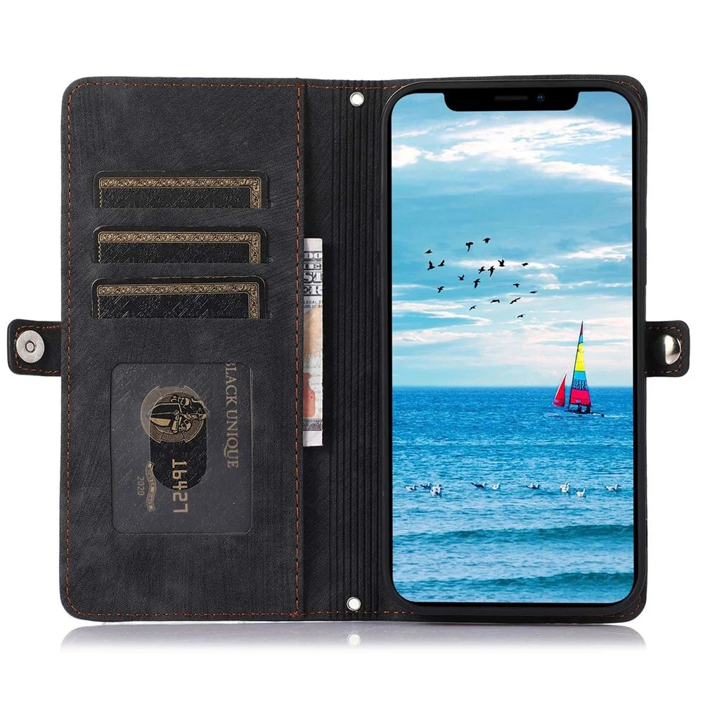 For iPhone 13 6.1 inch Zipper Pocket Design 9 Card Slots Protective Cover PU Leather Wallet Stand Case with Wrist Strap - Black - 3