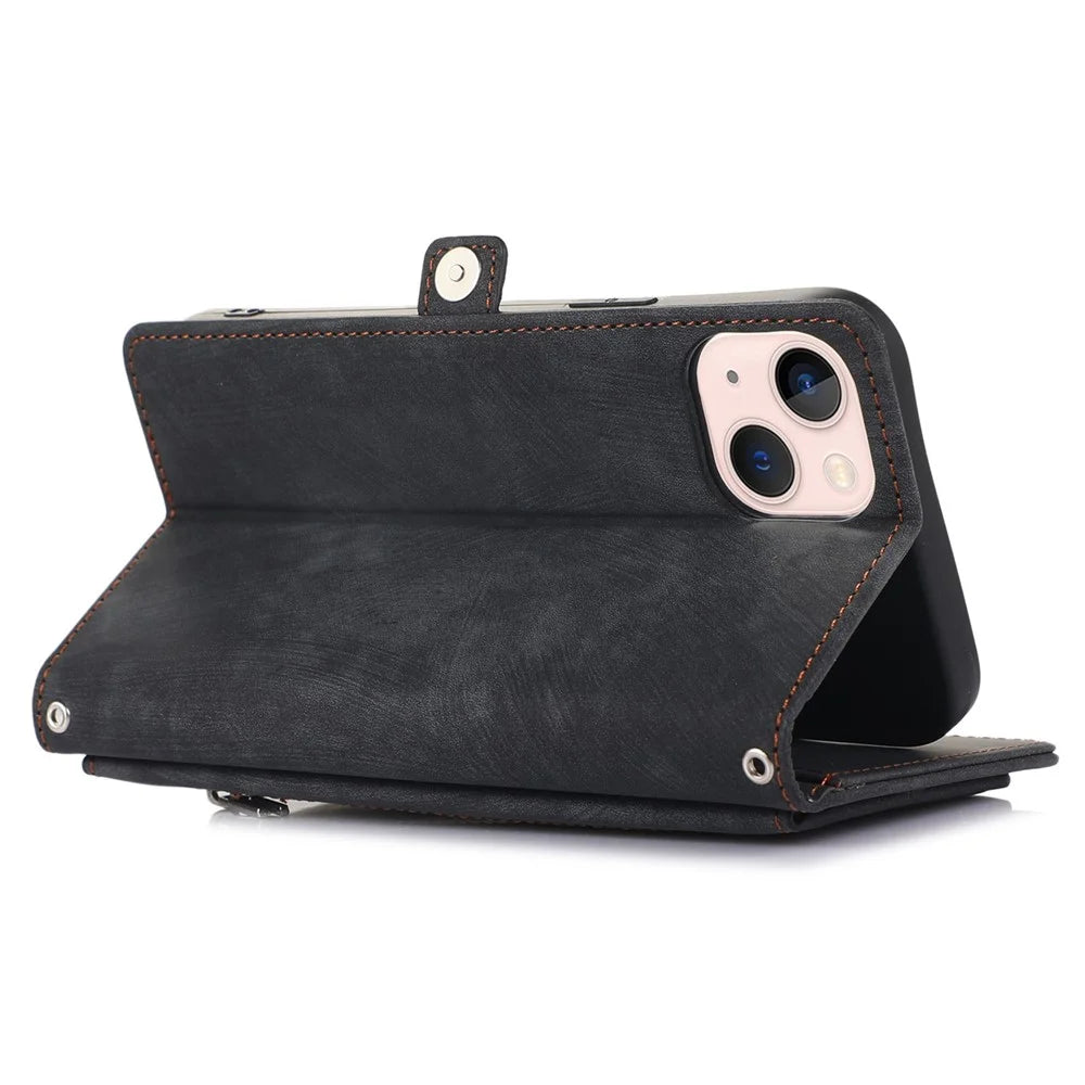 For iPhone 13 6.1 inch Zipper Pocket Design 9 Card Slots Protective Cover PU Leather Wallet Stand Case with Wrist Strap - Black - 4