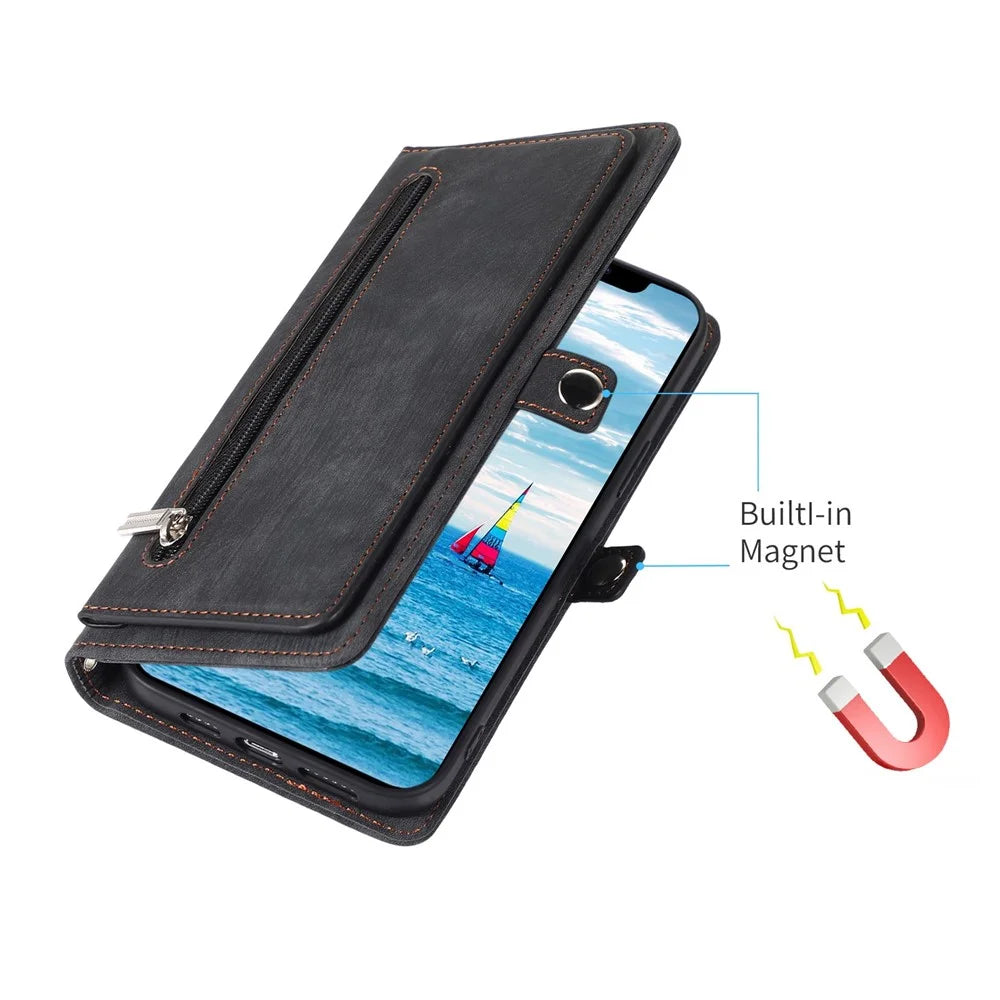For iPhone 13 6.1 inch Zipper Pocket Design 9 Card Slots Protective Cover PU Leather Wallet Stand Case with Wrist Strap - Black - 5