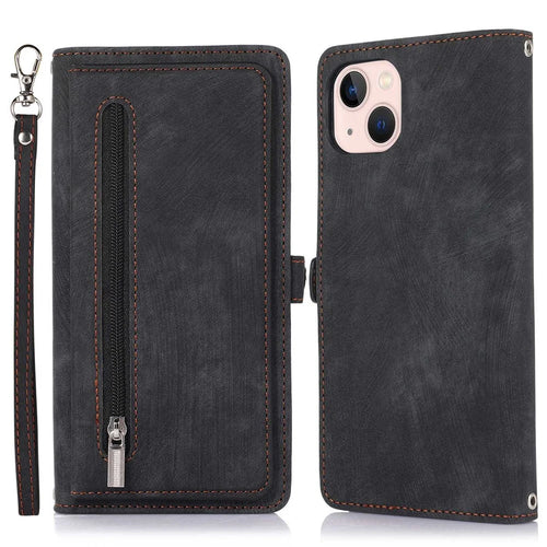 For iPhone 14 6.1 inch Zipper Pocket Design 9 Card Slots Phone Wallet Case PU Leather Stand Shockproof Cover with Wrist Strap - Black - 1