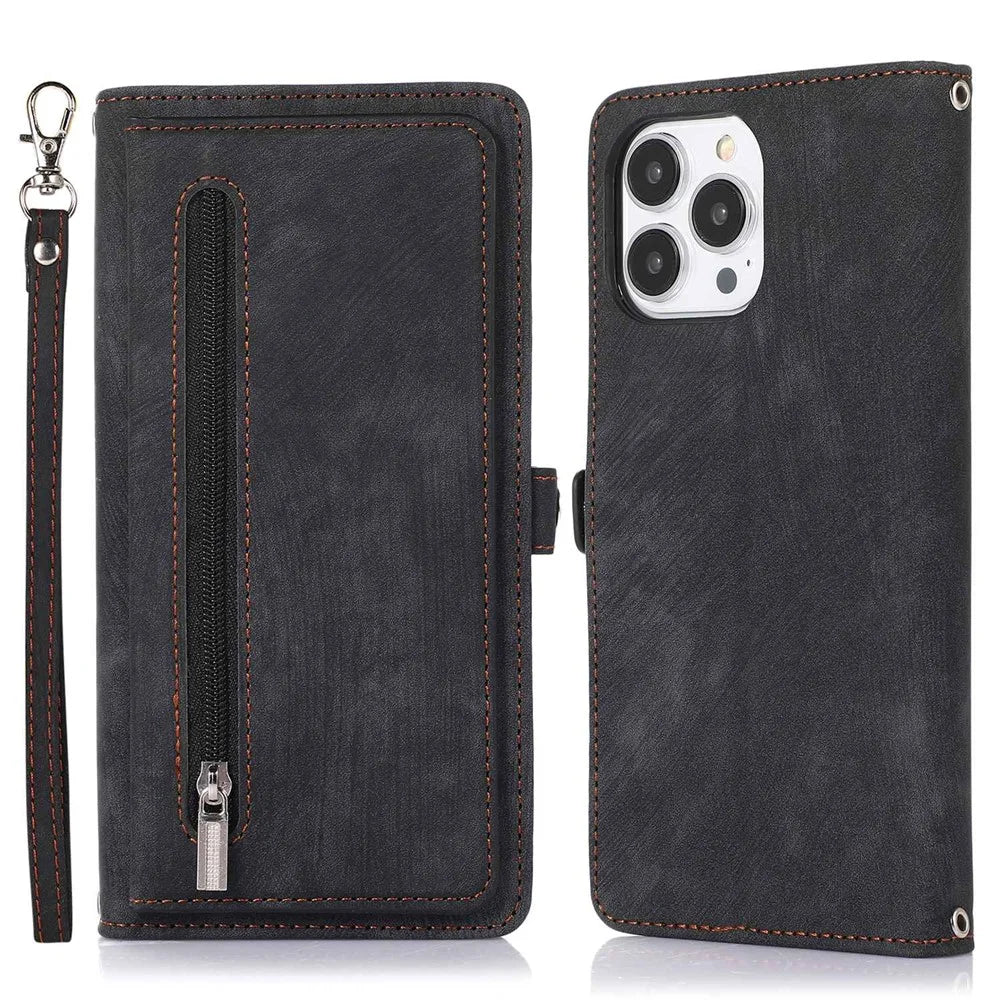 For iPhone 14 Pro 6.1 inch 9 Card Slots Zipper Pocket Design Phone Case PU Leather Stand Wallet Anti-drop Cover with Wrist Strap - Black - 1