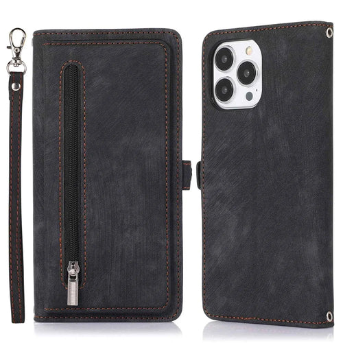 For iPhone 14 Pro 6.1 inch 9 Card Slots Zipper Pocket Design Phone Case PU Leather Stand Wallet Anti-drop Cover with Wrist Strap - Black - 1