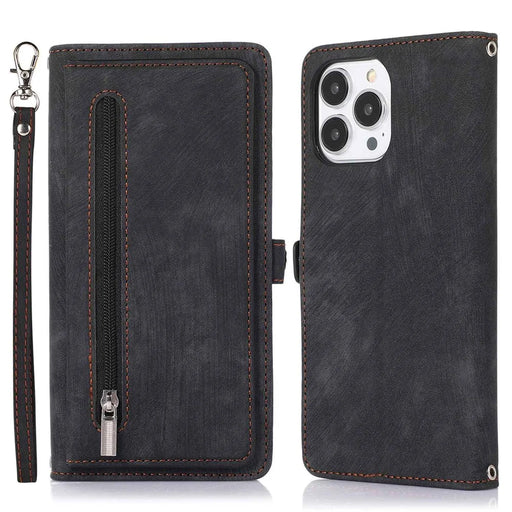 For iPhone 14 Pro 6.1 inch 9 Card Slots Zipper Pocket Design Phone Case PU Leather Stand Wallet Anti-drop Cover with Wrist Strap - Black - 1