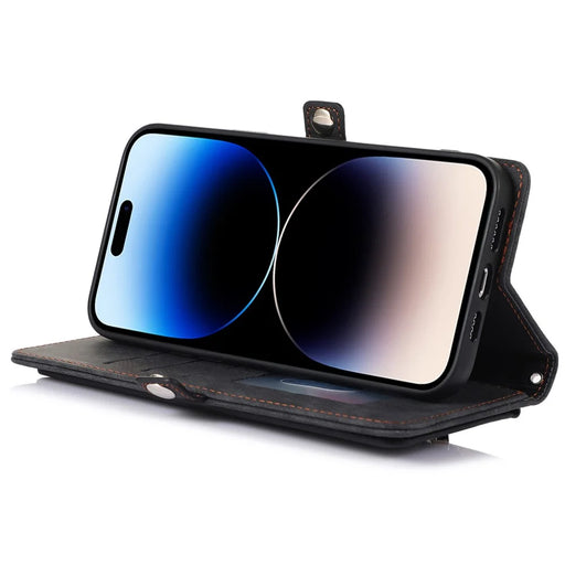 For iPhone 14 Pro 6.1 inch 9 Card Slots Zipper Pocket Design Phone Case PU Leather Stand Wallet Anti-drop Cover with Wrist Strap - Black - 2