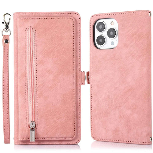 For iPhone 13 Pro 6.1 inch Zipper Pocket Wallet Flip Case 9 Card Slots PU Leather Stand Mobile Phone Shell with Wrist Strap - Rose Gold - 1