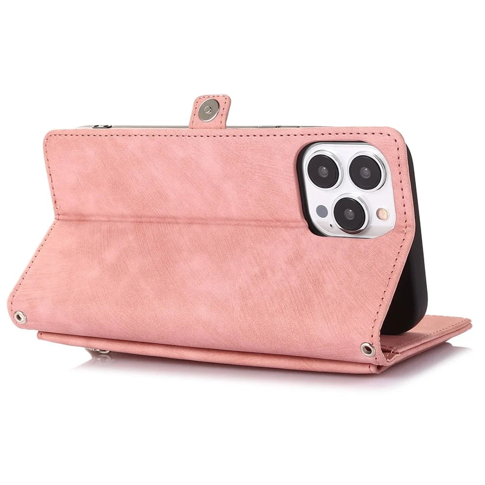 For iPhone 13 Pro 6.1 inch Zipper Pocket Wallet Flip Case 9 Card Slots PU Leather Stand Mobile Phone Shell with Wrist Strap - Rose Gold - 3