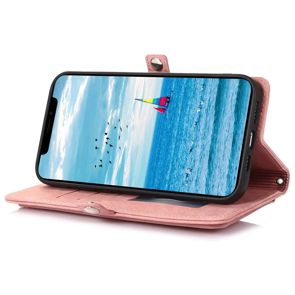 For iPhone 13 Pro 6.1 inch Zipper Pocket Wallet Flip Case 9 Card Slots PU Leather Stand Mobile Phone Shell with Wrist Strap - Rose Gold - 4