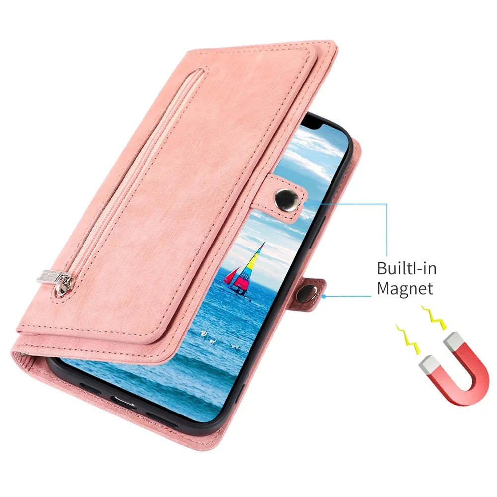 For iPhone 13 Pro 6.1 inch Zipper Pocket Wallet Flip Case 9 Card Slots PU Leather Stand Mobile Phone Shell with Wrist Strap - Rose Gold - 5