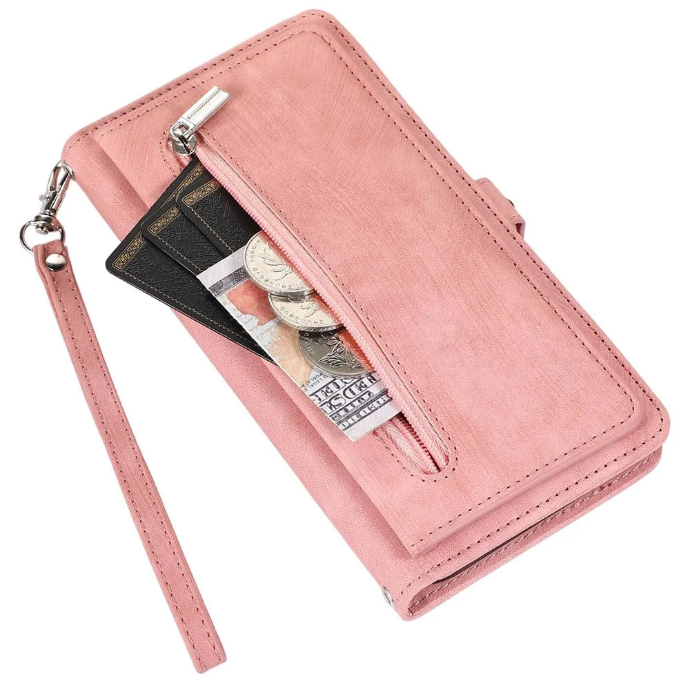For iPhone 13 Pro 6.1 inch Zipper Pocket Wallet Flip Case 9 Card Slots PU Leather Stand Mobile Phone Shell with Wrist Strap - Rose Gold - 6
