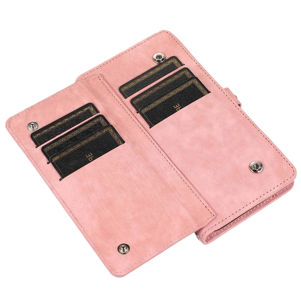 For iPhone 13 Pro 6.1 inch Zipper Pocket Wallet Flip Case 9 Card Slots PU Leather Stand Mobile Phone Shell with Wrist Strap - Rose Gold - 7