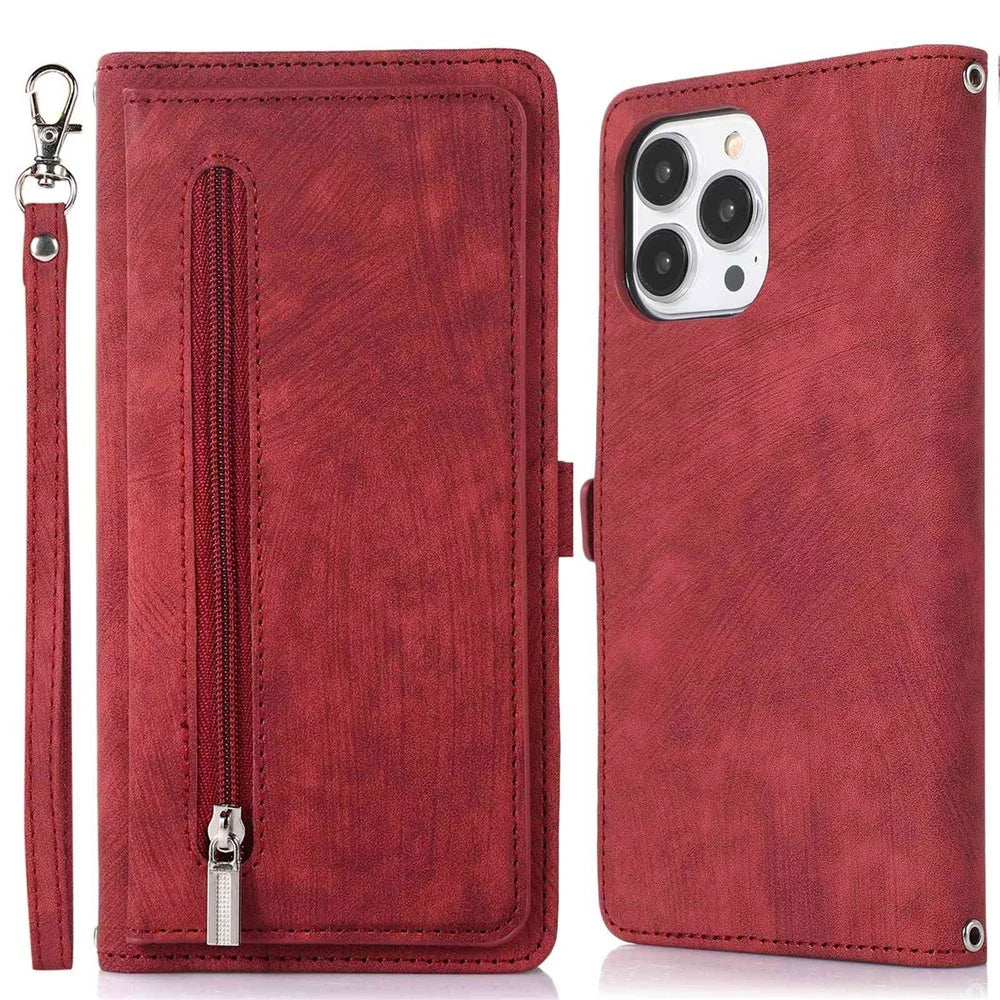 For iPhone 13 Pro Max 6.7 inch Multi-Functional 9 Card Slots Stand Protective Cover PU Leather Wallet Case with Zipper Pocket and Wrist Strap - Red - 1