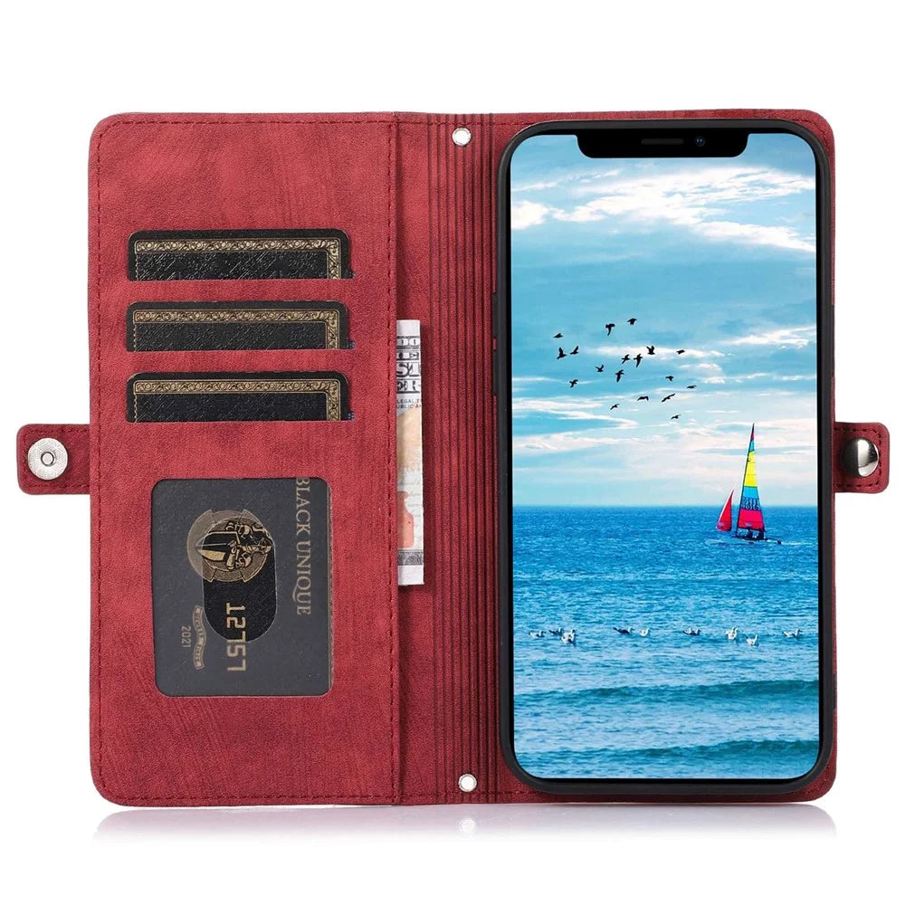 For iPhone 13 Pro Max 6.7 inch Multi-Functional 9 Card Slots Stand Protective Cover PU Leather Wallet Case with Zipper Pocket and Wrist Strap - Red - 2