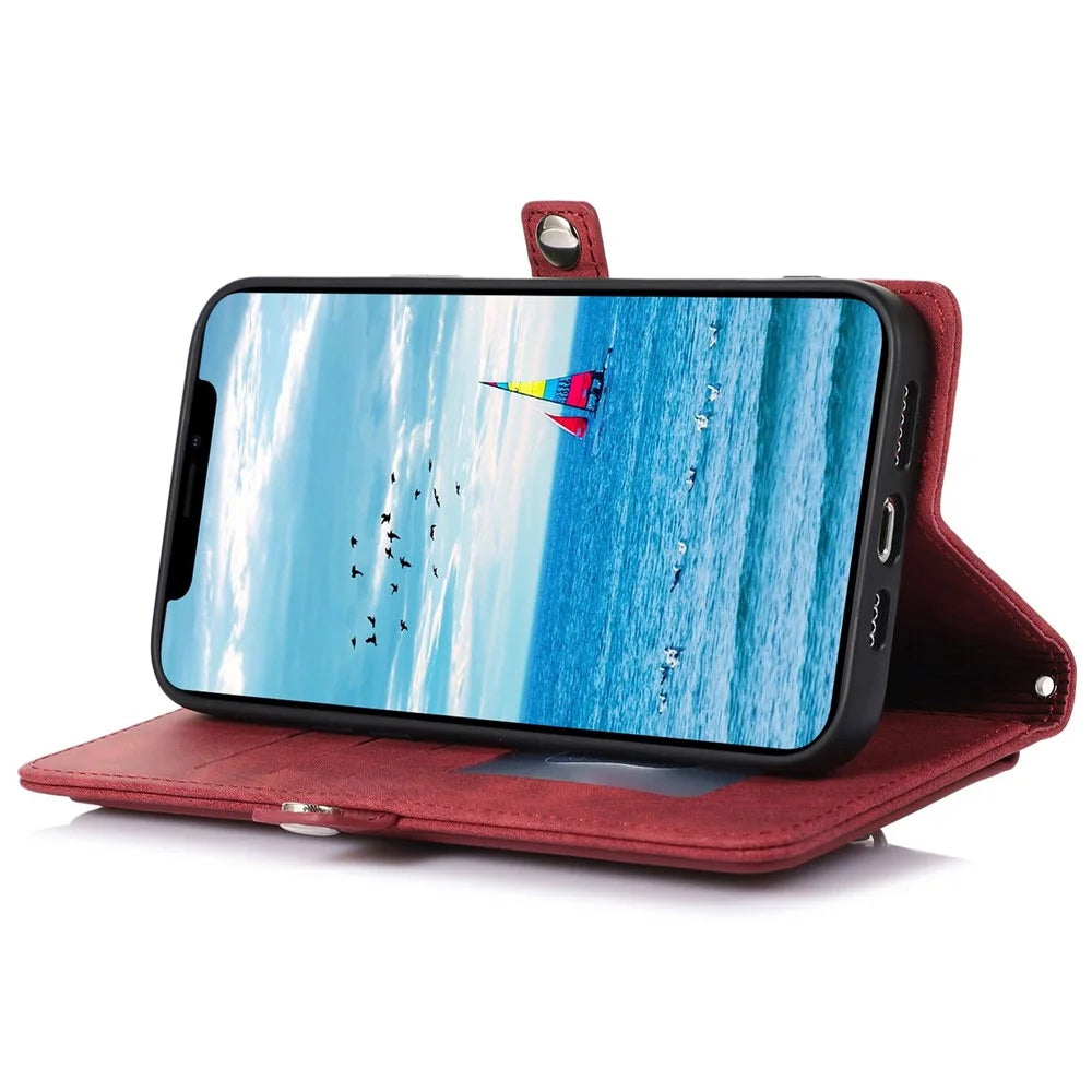 For iPhone 13 Pro Max 6.7 inch Multi-Functional 9 Card Slots Stand Protective Cover PU Leather Wallet Case with Zipper Pocket and Wrist Strap - Red - 3