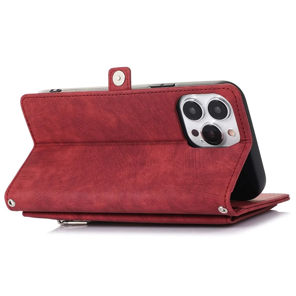 For iPhone 13 Pro Max 6.7 inch Multi-Functional 9 Card Slots Stand Protective Cover PU Leather Wallet Case with Zipper Pocket and Wrist Strap - Red - 4