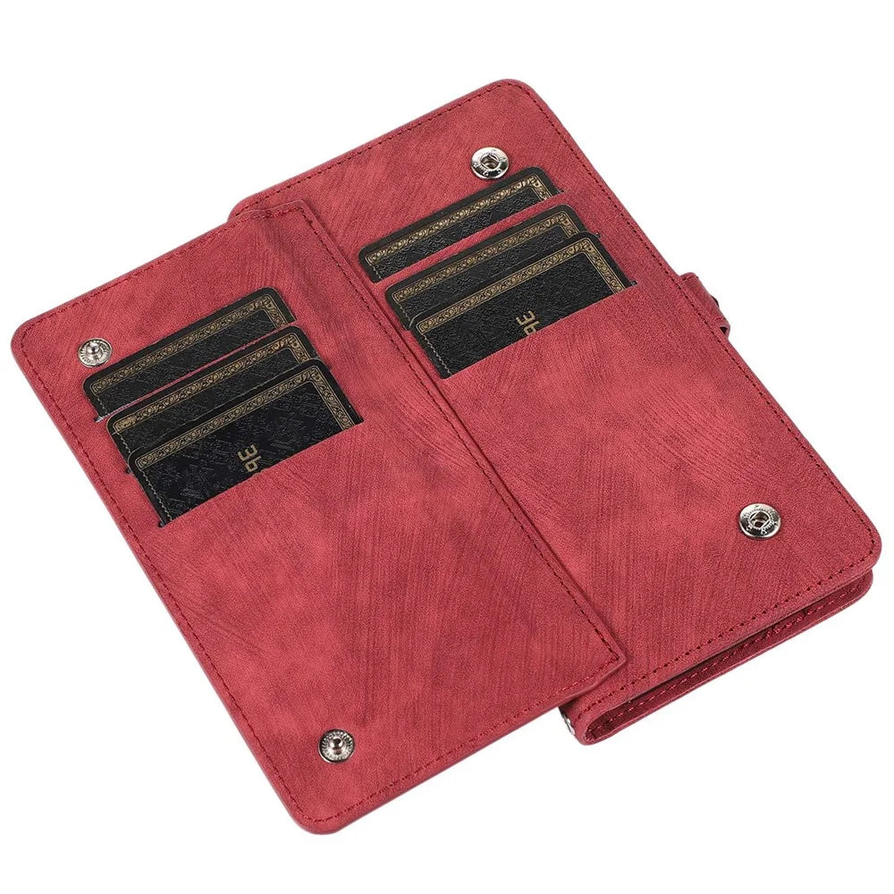 For iPhone 13 Pro Max 6.7 inch Multi-Functional 9 Card Slots Stand Protective Cover PU Leather Wallet Case with Zipper Pocket and Wrist Strap - Red - 5