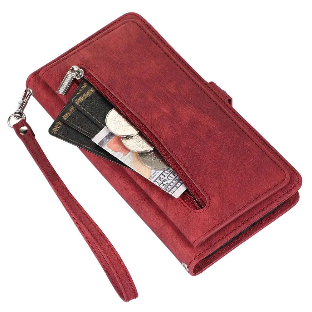 For iPhone 13 Pro Max 6.7 inch Multi-Functional 9 Card Slots Stand Protective Cover PU Leather Wallet Case with Zipper Pocket and Wrist Strap - Red - 6