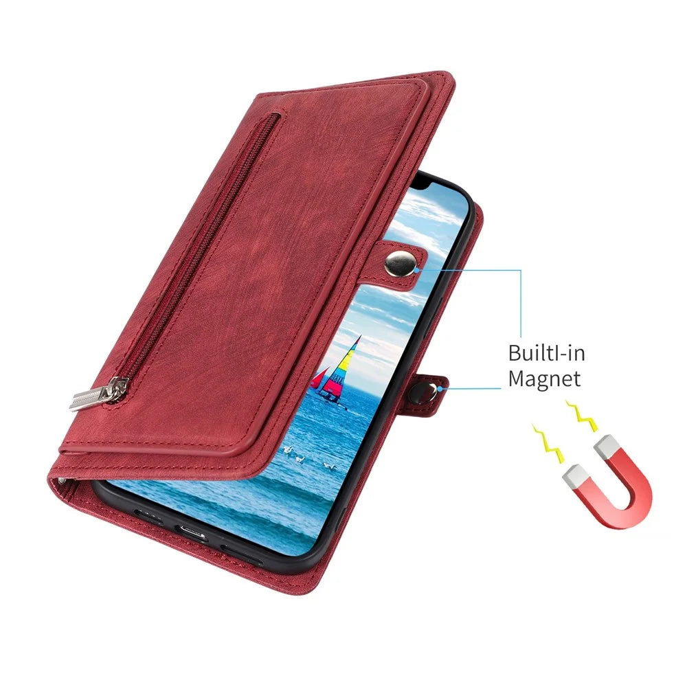 For iPhone 13 Pro Max 6.7 inch Multi-Functional 9 Card Slots Stand Protective Cover PU Leather Wallet Case with Zipper Pocket and Wrist Strap - Red - 7
