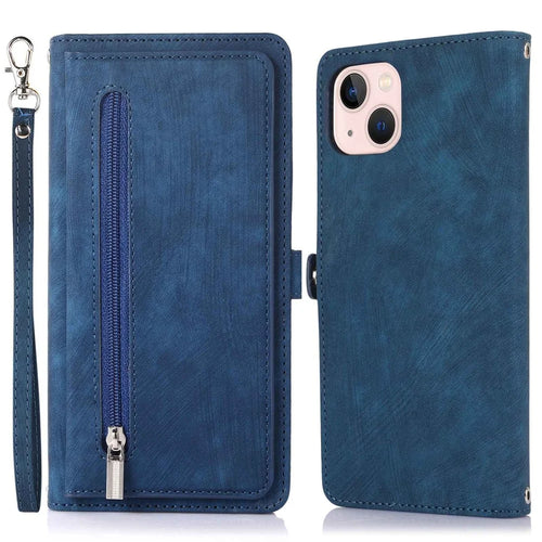 For iPhone 13 mini 5.4 inch PU Leather Wallet Case Multi-Functional 9 Card Slots Stand Protective Cover with Zipper Pocket and Wrist Strap - Blue - 1