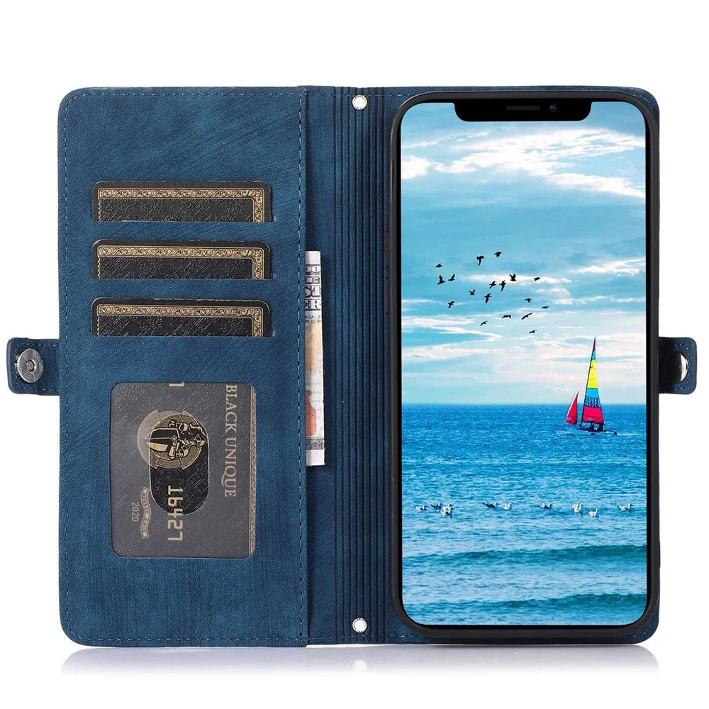 For iPhone 13 mini 5.4 inch PU Leather Wallet Case Multi-Functional 9 Card Slots Stand Protective Cover with Zipper Pocket and Wrist Strap - Blue - 2