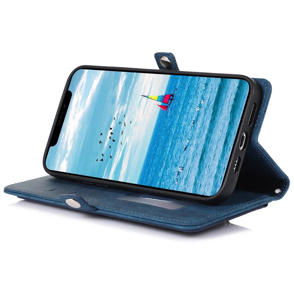 For iPhone 13 mini 5.4 inch PU Leather Wallet Case Multi-Functional 9 Card Slots Stand Protective Cover with Zipper Pocket and Wrist Strap - Blue - 3