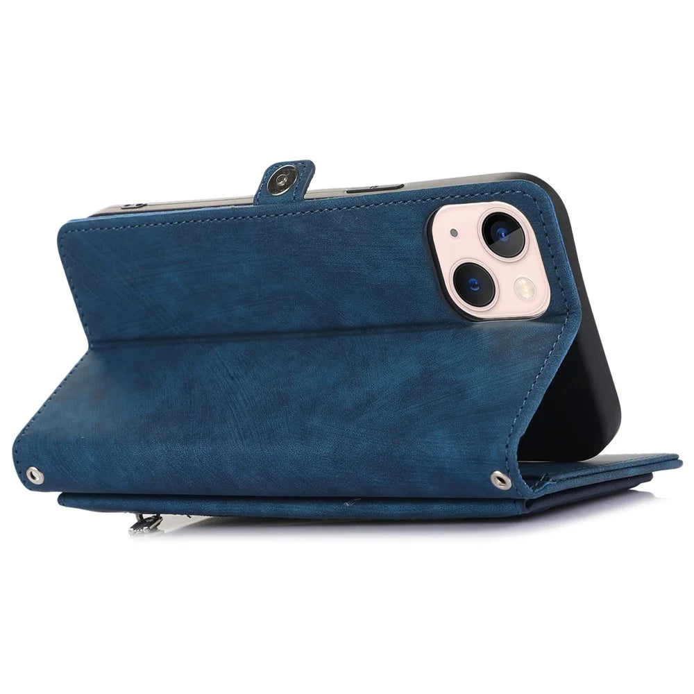 For iPhone 13 mini 5.4 inch PU Leather Wallet Case Multi-Functional 9 Card Slots Stand Protective Cover with Zipper Pocket and Wrist Strap - Blue - 4