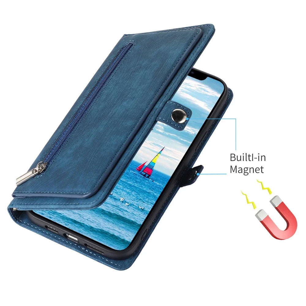 For iPhone 13 mini 5.4 inch PU Leather Wallet Case Multi-Functional 9 Card Slots Stand Protective Cover with Zipper Pocket and Wrist Strap - Blue - 5