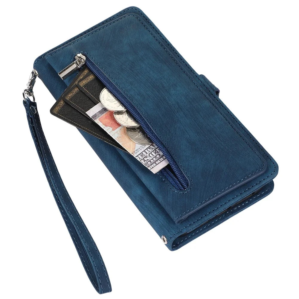 For iPhone 13 mini 5.4 inch PU Leather Wallet Case Multi-Functional 9 Card Slots Stand Protective Cover with Zipper Pocket and Wrist Strap - Blue - 6