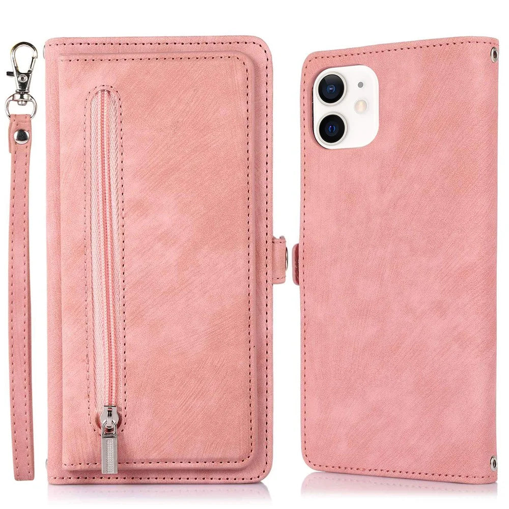 For iPhone 12 6.1 inch/12 Pro 6.1 inch Shockproof Zipper Pocket Phone Wallet Case 9 Card Slots PU Leather Stand Cover with Wrist Strap - Rose Gold - 1