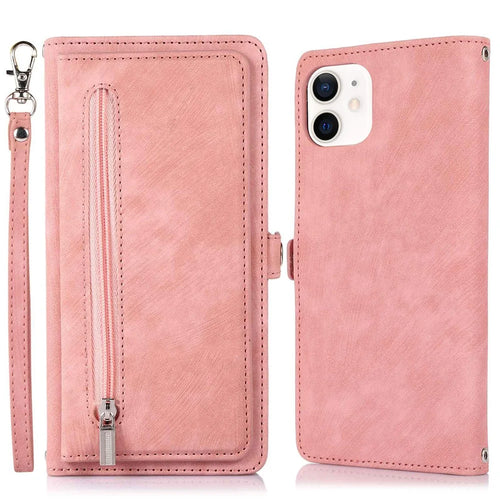 For iPhone 12 6.1 inch/12 Pro 6.1 inch Shockproof Zipper Pocket Phone Wallet Case 9 Card Slots PU Leather Stand Cover with Wrist Strap - Rose Gold - 1