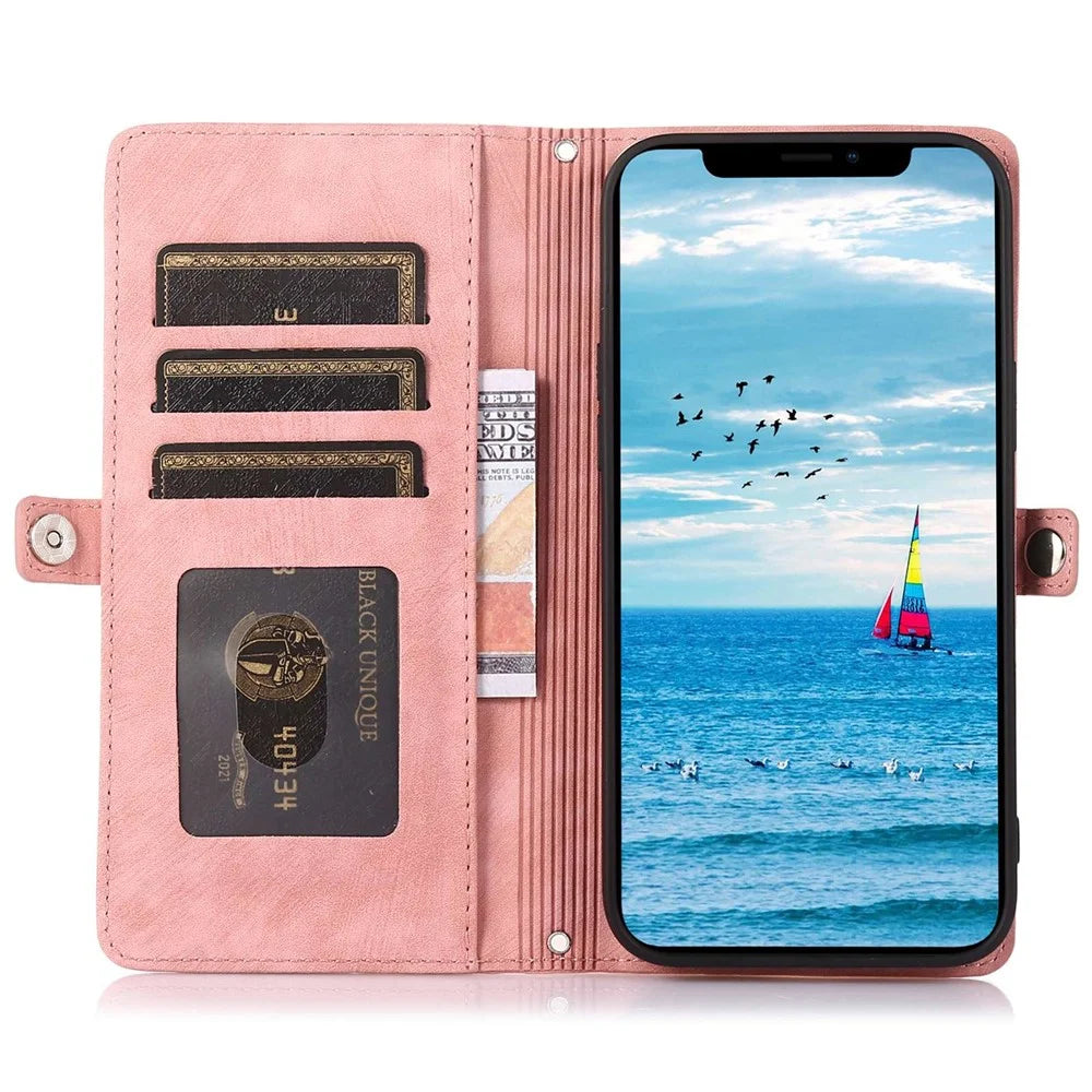 For iPhone 12 6.1 inch/12 Pro 6.1 inch Shockproof Zipper Pocket Phone Wallet Case 9 Card Slots PU Leather Stand Cover with Wrist Strap - Rose Gold - 2