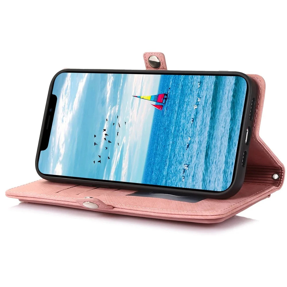 For iPhone 12 6.1 inch/12 Pro 6.1 inch Shockproof Zipper Pocket Phone Wallet Case 9 Card Slots PU Leather Stand Cover with Wrist Strap - Rose Gold - 3