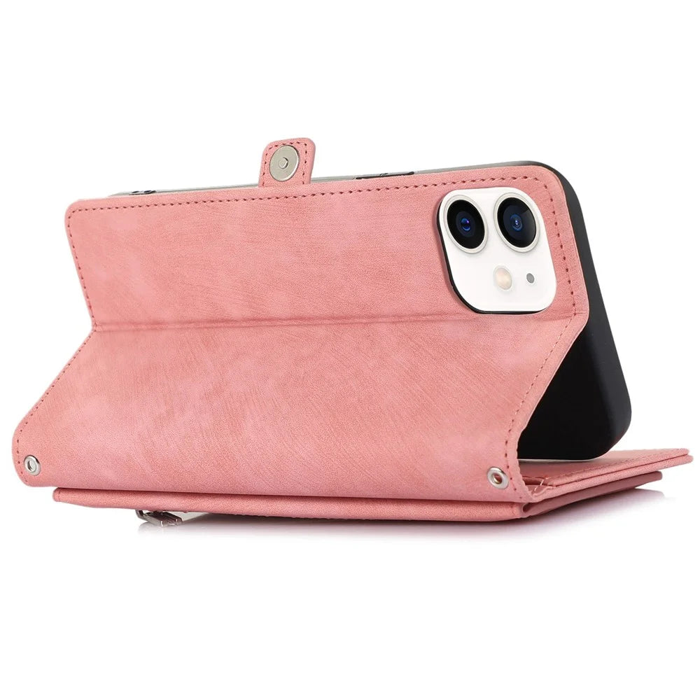 For iPhone 12 6.1 inch/12 Pro 6.1 inch Shockproof Zipper Pocket Phone Wallet Case 9 Card Slots PU Leather Stand Cover with Wrist Strap - Rose Gold - 4