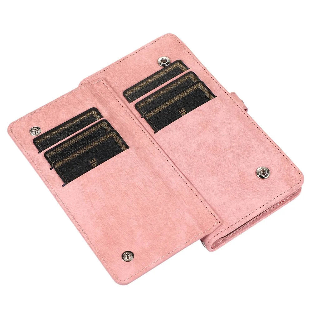 For iPhone 12 6.1 inch/12 Pro 6.1 inch Shockproof Zipper Pocket Phone Wallet Case 9 Card Slots PU Leather Stand Cover with Wrist Strap - Rose Gold - 6