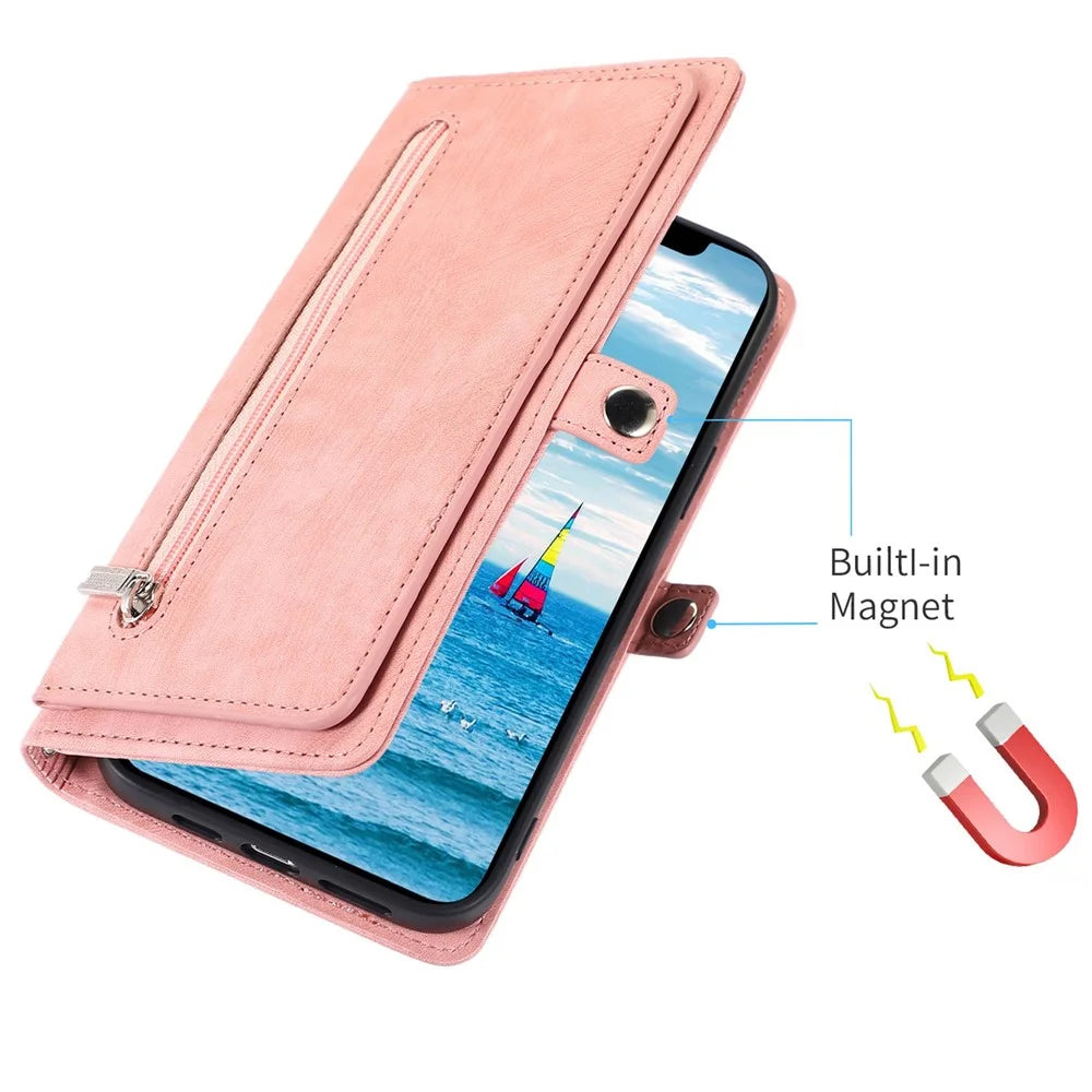 For iPhone 12 6.1 inch/12 Pro 6.1 inch Shockproof Zipper Pocket Phone Wallet Case 9 Card Slots PU Leather Stand Cover with Wrist Strap - Rose Gold - 7