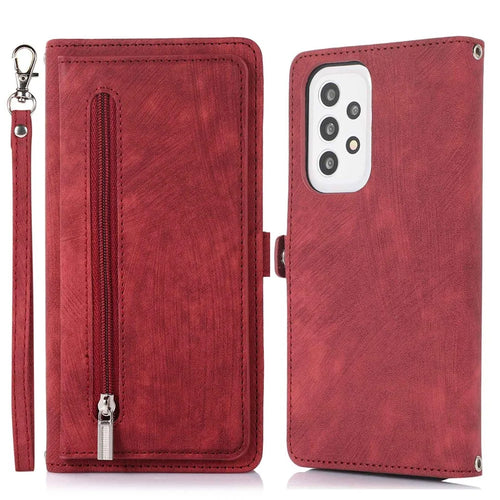 For Samsung Galaxy A53 5G Zipper Pocket Design PU Leather Wallet Case Multi-Functional 9 Card Slots Stand Protective Cover with Wrist Strap - Red - 1