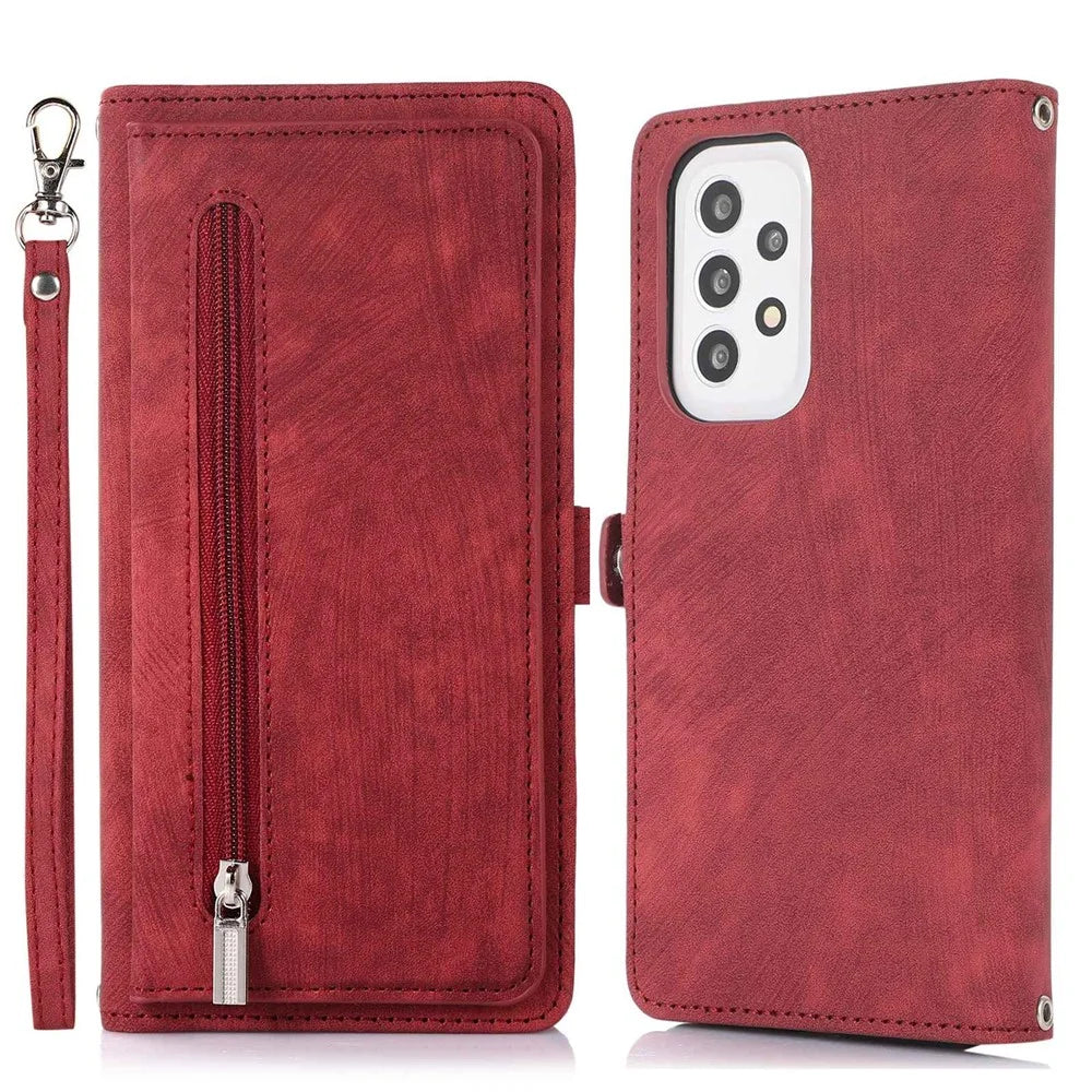 For Samsung Galaxy A53 5G Zipper Pocket Design PU Leather Wallet Case Multi-Functional 9 Card Slots Stand Protective Cover with Wrist Strap - Red - 1