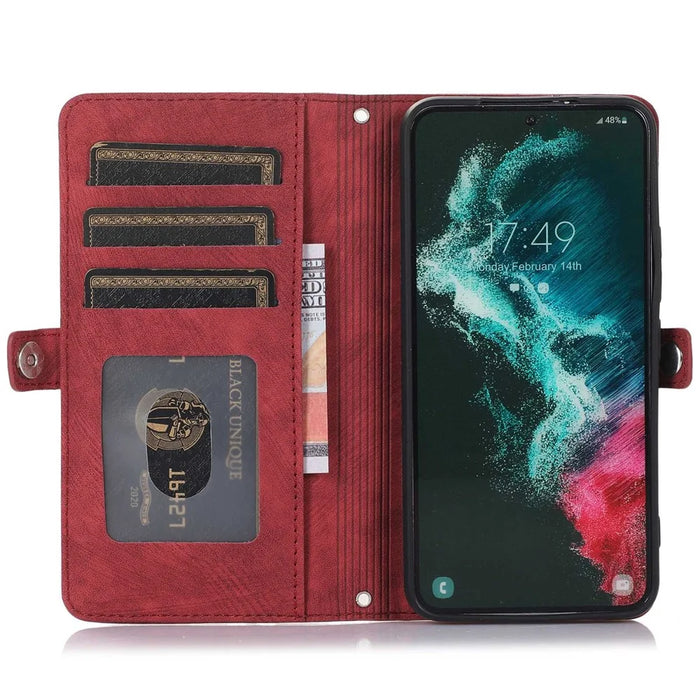 For Samsung Galaxy A53 5G Zipper Pocket Design PU Leather Wallet Case Multi-Functional 9 Card Slots Stand Protective Cover with Wrist Strap - Red - 2