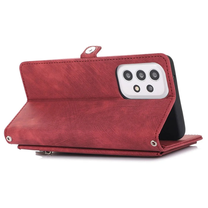 For Samsung Galaxy A53 5G Zipper Pocket Design PU Leather Wallet Case Multi-Functional 9 Card Slots Stand Protective Cover with Wrist Strap - Red - 4