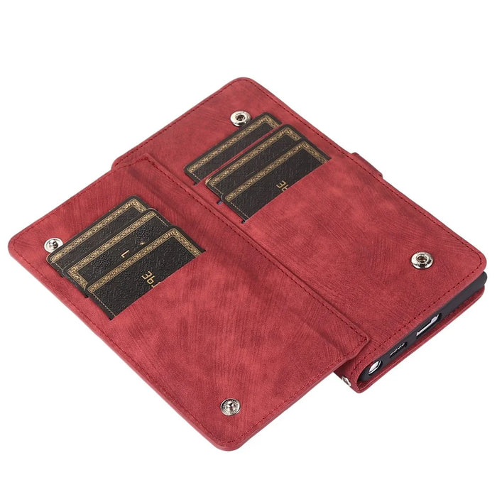 For Samsung Galaxy A53 5G Zipper Pocket Design PU Leather Wallet Case Multi-Functional 9 Card Slots Stand Protective Cover with Wrist Strap - Red - 6