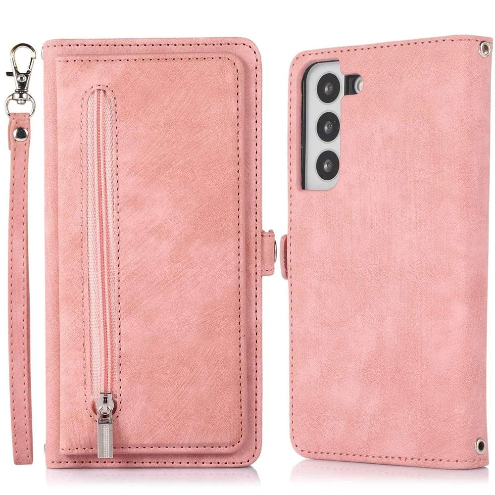For Samsung Galaxy S22+ 5G Multi-Functional 9 Card Holder Leather Wallet Case Shockproof Zipper Pocket Purse Handbag Wrist Strap Cover - Rose Gold - 1