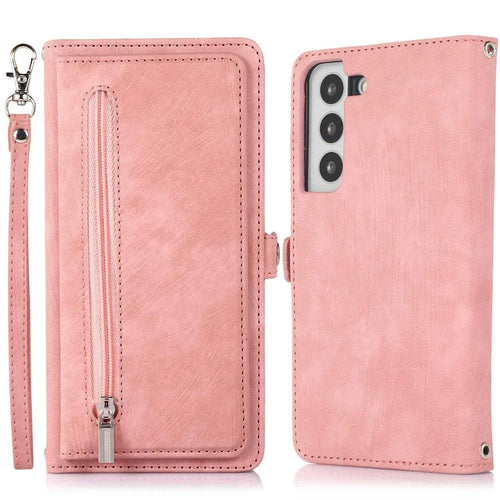 For Samsung Galaxy S22+ 5G Multi-Functional 9 Card Holder Leather Wallet Case Shockproof Zipper Pocket Purse Handbag Wrist Strap Cover - Rose Gold - 1