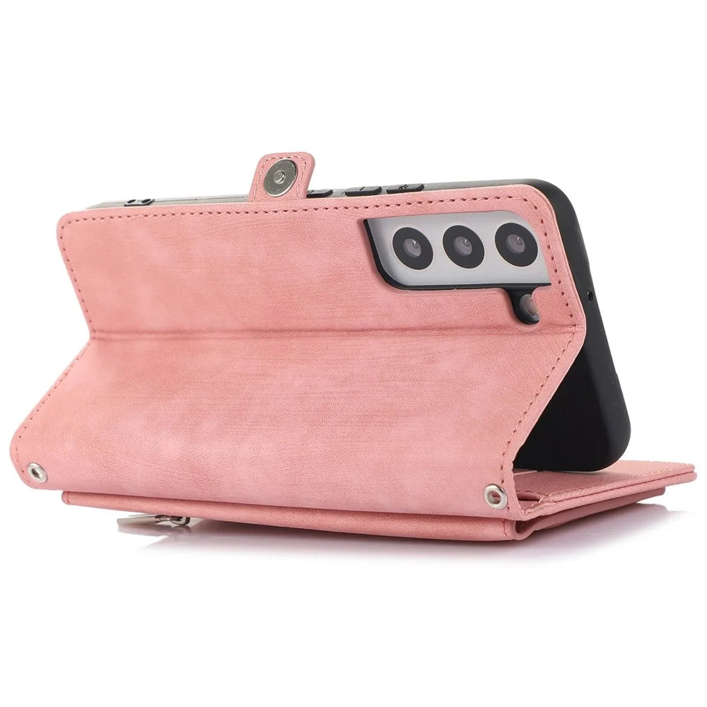 For Samsung Galaxy S22+ 5G Multi-Functional 9 Card Holder Leather Wallet Case Shockproof Zipper Pocket Purse Handbag Wrist Strap Cover - Rose Gold - 3